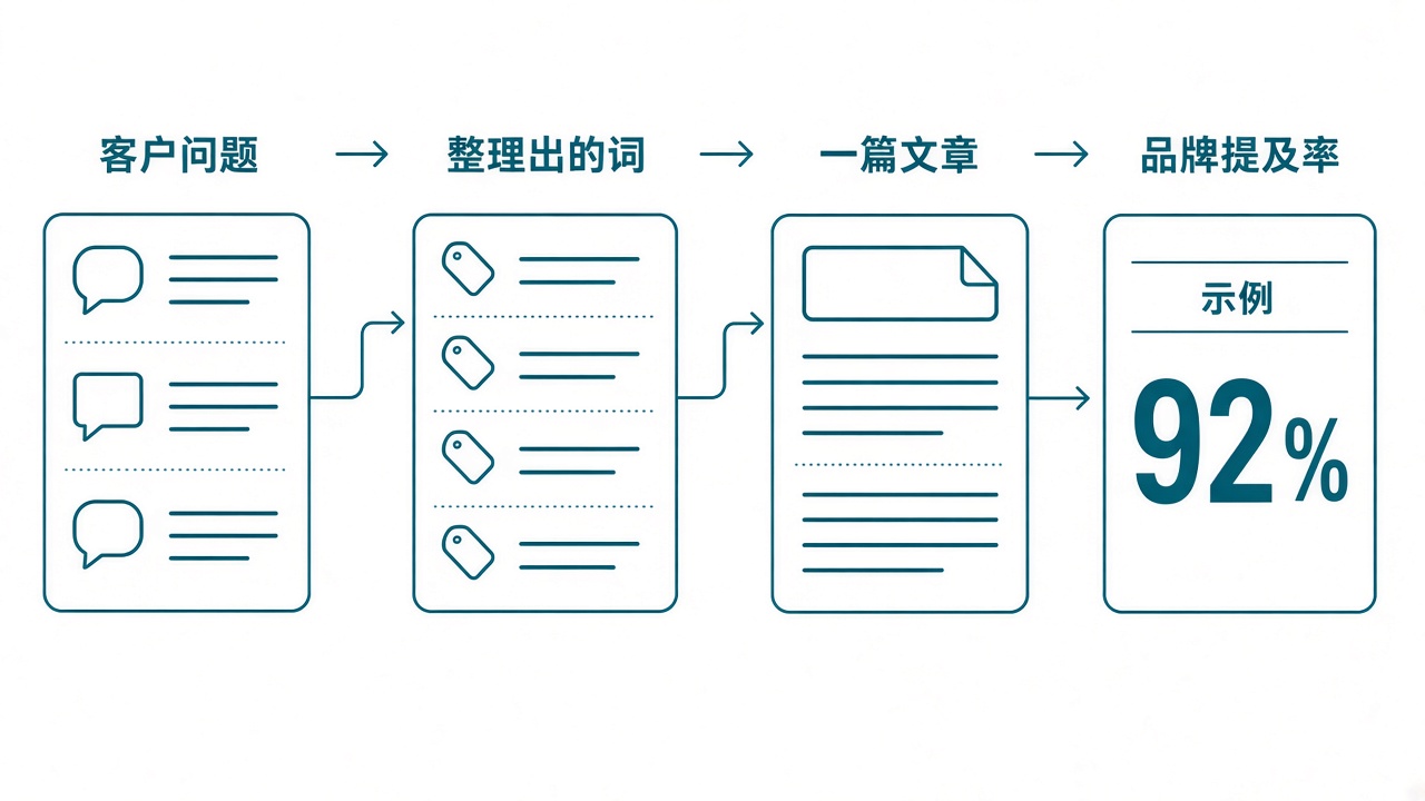 四步示意：客户问题、整理出的词、一篇文章、品牌提及率报告