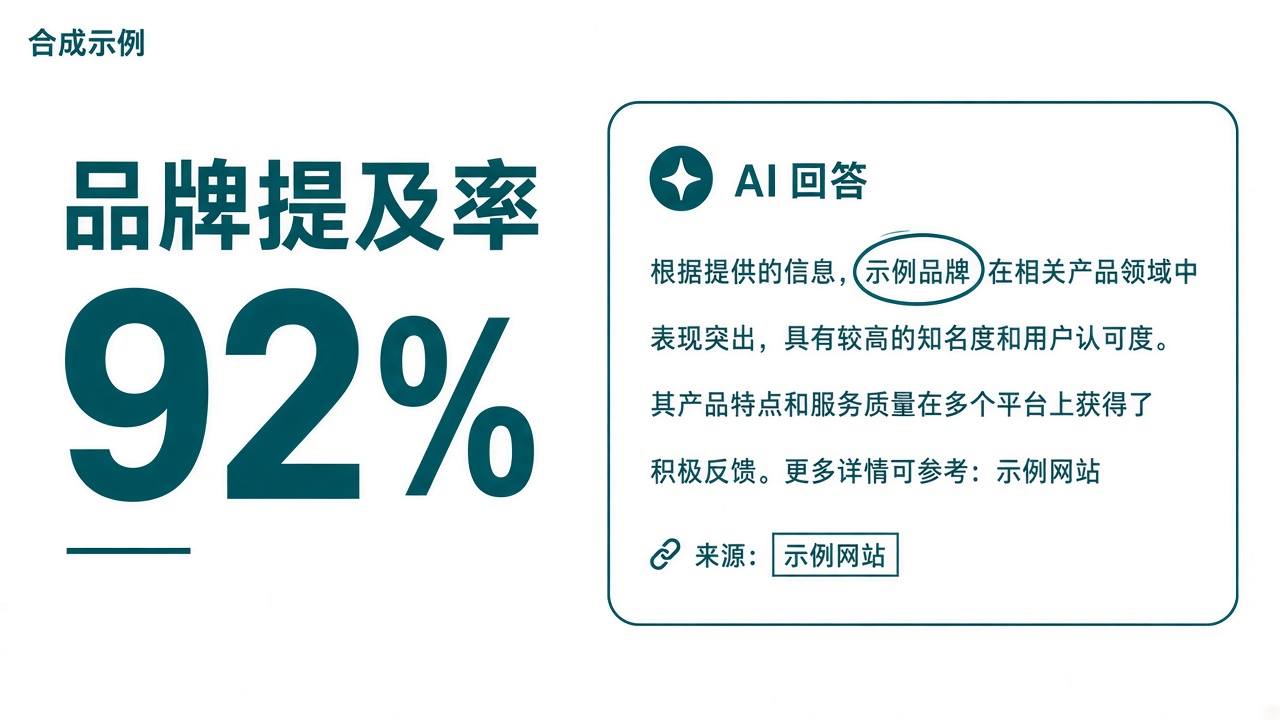 左侧品牌提及率示例 92%，右侧展开一条标出品牌名和来源的回答。合成示例，不是客户成绩