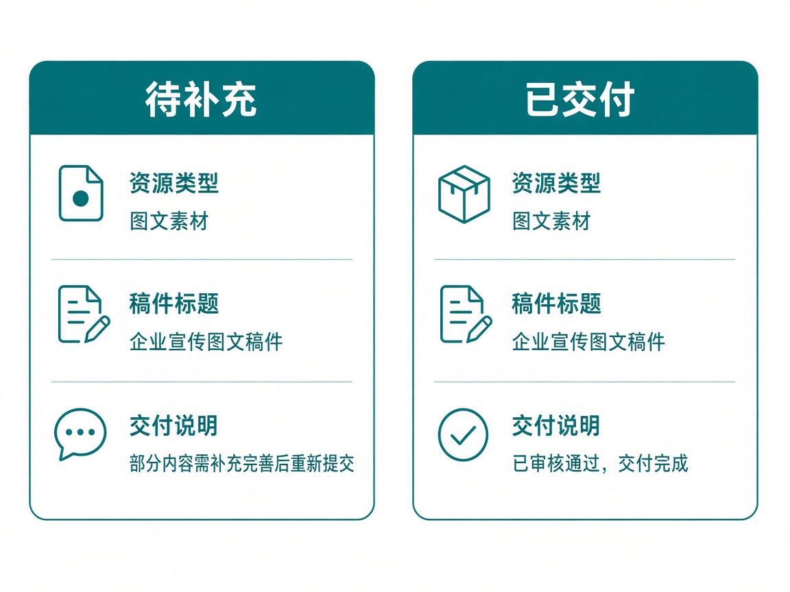 两张订单卡片：一张待补充，一张已交付